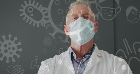 Poster - Image of medical icons over caucasian male doctor wearing face mask