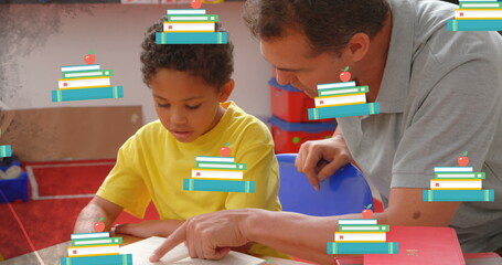 Poster - Image of book icons over caucasian male teacher helping african american schoolboy