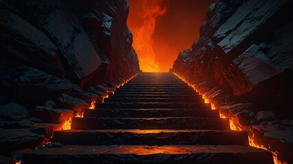 Wall Mural - Illustration of a fiery stairway leading up to the hot orange glow. The steps are made from dark stone, rivers of fire surround them.