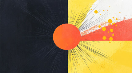 Poster - Vibrant abstract artwork featu a central red-orange circle with dynamic black and yellow splashes and rays, creating an energetic and colorful visual composition