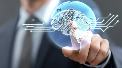 Poster - The World at Your Fingertips: A forward-thinking individual, elegantly attired, engages with a digital representation of a global brain. Embodying innovation, technological progress.