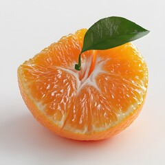 Poster - Close-up shot of a juicy mandarin orange slice, accented with a vibrant green leaf. Mandarin Orange Isolated on a white background. A Juicy Mandarin Orange Slice with a Green Leaf