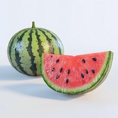 Poster - A vibrant image of a whole watermelon and a juicy slice, highlighting the summery freshness and sweetness of the fruit. Juicy Watermelon Slice and Whole Fruit Isolated on a white background.
