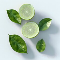 Poster - Two lime halves surrounded by vibrant green leaves on a white background. Lime slices with green leaves, vibrant and refreshing citrus still life photography Isolated on a white background.