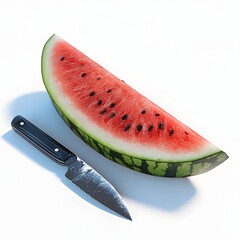 Poster - A juicy slice of watermelon and a knife on a white background. Perfect for summer. Watermelon Slice with Knife on White Background