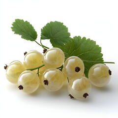 Poster - Close-up of a bunch of fresh white currants with their green leaves. A vibrant image showing the beauty of this fruit. A Bunch of Fresh White Currants with Green Leaves Isolated on a white background.