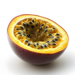 Poster - A close-up shot of a halved passion fruit, showcasing its vibrant yellow pulp and numerous black seeds. The juicy Halved Sliced Passion Fruit Isolated on a white background.