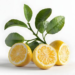 Poster - Three ripe lemons, sliced and showing their juicy interiors, rest on a white background, accompanied by a vibrant green sprig of leaves. Lemons with Lush Green Leaves Isolated on a white background.