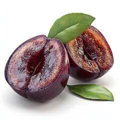 Poster - Image of two halved Ziziphus , showcasing their juicy, ripe flesh and vibrant color. Green leaves are present. Juicy Sliced Ziziphus Isolated on a white background.