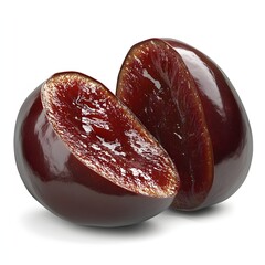 Poster - Two halves of a ripe Ziziphus , showcasing their juicy texture and vibrant color. A close-up shot with a white background. Juicy Sliced Ziziphus Isolated on a white background.