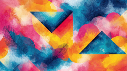 Poster - Abstract digital art with vibrant colors featu geometric shapes including triangles and circles blended with colorful cloud-like textures for modern creative design