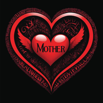 Heart of Words: “Mother” Shaped in a Red Heart Form, Distorted Yet Clear on Deep Black Canvas, Typography Vector T-shirt Design