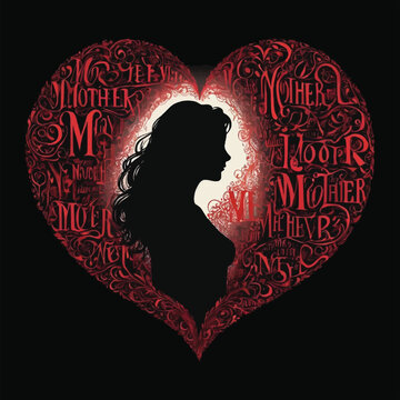 Heart of Words: “Mother” Shaped in a Red Heart Form, Distorted Yet Clear on Deep Black Canvas, Typography Vector T-shirt Design