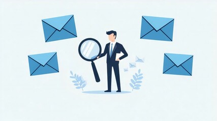 Poster - Businessman Holding Magnifying Glass Analyzing Data with Email Notifications and Plant Elements in Background for Digital Marketing Concept