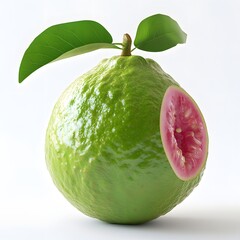 Poster - Close-up of a vibrant green guava with a slice revealing its pink interior. Studio shot on a white background. Vibrant Guava with Pink Interior, Close-Up Studio Shot Isolated on a white background.