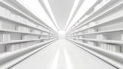 Poster - White bookshelves, endless corridor, knowledge, library, architecture, interior design, white background