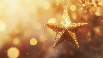 Poster - Golden glitter star Christmas ornament hanging on blurred bokeh lights background.