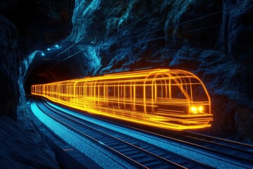 Poster - High-speed train traveling through a glowing tunnel in a futuristic setting