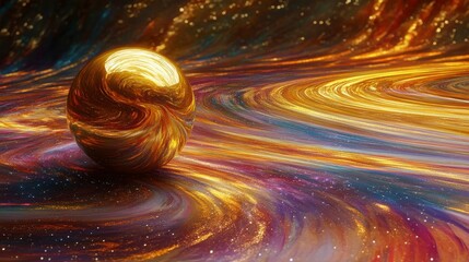 Poster - Golden sphere rests on swirling, colorful nebula.