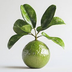 Poster - A close-up shot of a lime plant with bright green leaves and a single, glistening lime. The image evokes a feeling of freshness and natural growth. Isolated on a white background.