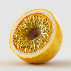 Poster - Close-up of a halved passion fruit, showcasing its vibrant yellow flesh and numerous dark seeds. A delicious and healthy tropical fruit. A Half Passion Fruit Isolated on a white background.