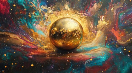 Poster - Golden sphere in a vibrant, cosmic nebula.