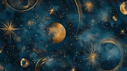 Poster - Celestial artwork with gold planets, stars, and nebulae on a dark blue background.