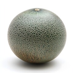 Poster - A close-up shot of a single, ripe green melon, set against a clean white backdrop. Juicy Cantaloupe on White Background: A Vibrant Summer Fruit Still Life