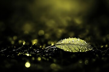 Poster - Dew kissed leaf glistening in the soft light capturing nature's delicate beauty with a moody dark background in a captivating low angle shot