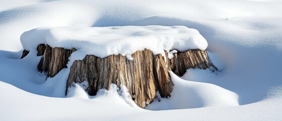 Poster - Winter Stillness Awaits Snow Covered Tree Stump in Serene Landscape Capturing the Beauty of the Season with a Low Angle Perspective