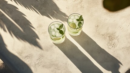 Poster - Refreshing mojito cocktails with lime and mint under palm tree shadow on sand background summer vacation vibe