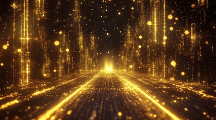 Aufkleber - Golden glowing lines and particles forming a perspective tunnel.