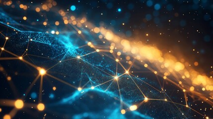 Leinwandbilder - Abstract network connection with glowing nodes and lines, dark blue and gold color scheme.