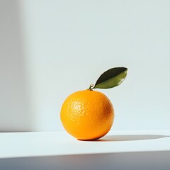 Poster - A close-up of a single, ripe orange with a green leaf on a white surface. Minimalist photography style. A Single Orange with a Leaf, Minimalist Still Life Photography