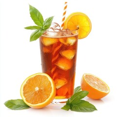 Poster - Refreshing iced tea with orange and basil on white backdrop showcasing summer drink photography style and vibrant colors for stock photo