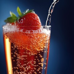 Poster - Refreshing strawberry drink with bubbles and pouring liquid against a dark blue background creating a vibrant and inviting visual experience for the viewer