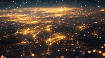 Poster - Night city lights from above, blurred bokeh effect, glowing urban landscape.