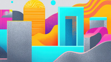 Poster - Vibrant abstract cityscape illustration featu colorful geometric buildings with textured surfaces and flowing wavy background in modern creative style