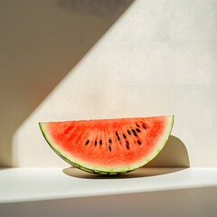 Poster - A vibrant slice of watermelon bathed in sunlight, a simple yet enticing summer image. Summer Watermelon Slice in Sunlight