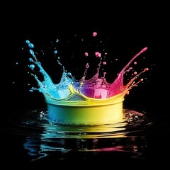 Poster - Vibrant splash of multicolored paint exploding from a container against a stark black background artistic and dynamic composition
