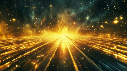 Aufkleber - Abstract cosmic landscape with golden light streaks converging towards a bright center, resembling a futuristic highway or tunnel through space.