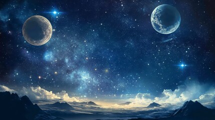 Poster - Fantasy landscape with two moons, stars, and mountains in a dreamy night sky.
