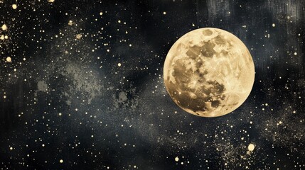 Poster - Large full moon shining brightly in a dark night sky filled with stars and cosmic dust.