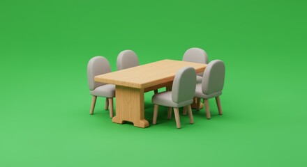 Poster - Dining room set with wooden table and chairs against a green background for minimalist interior design