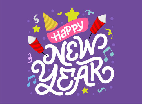Happy New Year lettering vector illustration with purple background