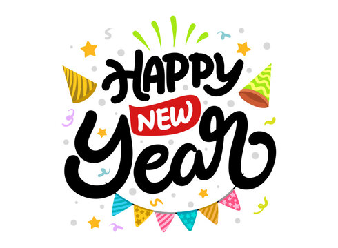 Colorful Happy New Year lettering graphic with white background
