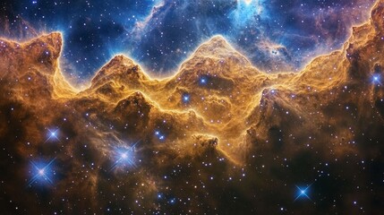 Aufkleber - Cosmic landscape of nebula with golden and blue hues, stars, and gas clouds.