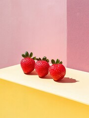 Poster - Three vibrant strawberries on a geometric stage showcasing freshness and summer delight in a minimalist style