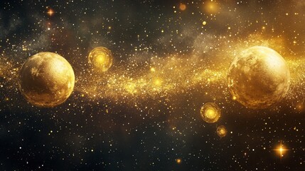 Aufkleber - Golden planets and nebula in deep space.