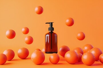 Poster - Amber Bottle Dispenser Surrounded by Vibrant Orange Spheres Minimalist Product Photography Background Design Mockup Template Clean Modern Style 3d    